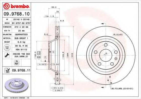 Тормозной диск 09.9768.10 BREMBO