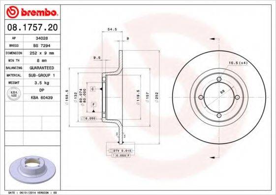 Тормозной диск 08.1757.20 BREMBO