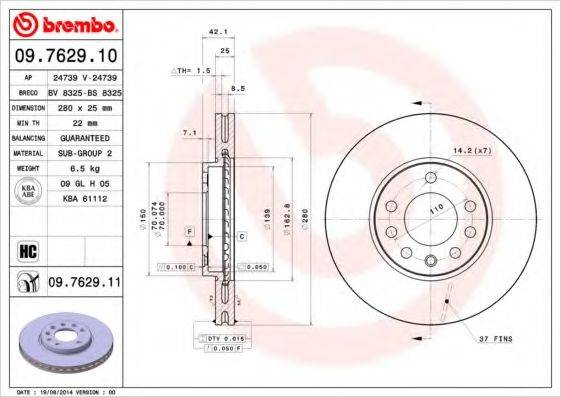 Тормозной диск 09.7629.10 BREMBO