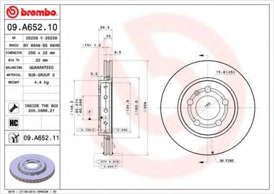 Тормозной диск 09.A652.10 BREMBO