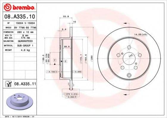 Тормозной диск 08.A335.10 BREMBO