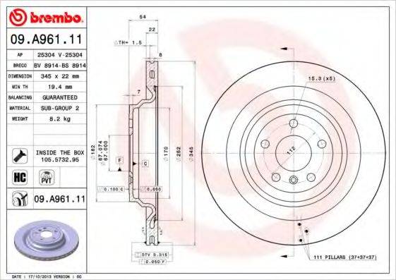 Тормозной диск 09.A961.11 BREMBO