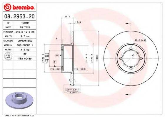 Тормозной диск 08.2953.20 BREMBO