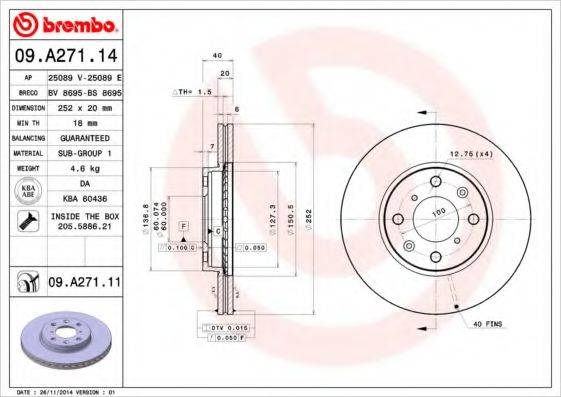 Тормозной диск 09.A271.14 BREMBO