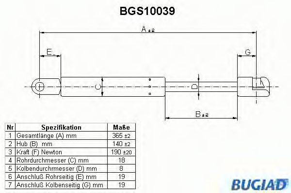 Газовая пружина, крышка багажник BGS10039 BUGIAD