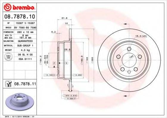 Тормозной диск 08.7878.10 BREMBO