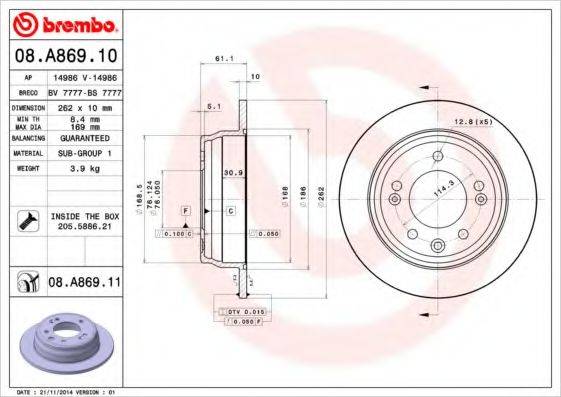 Тормозной диск 08.A869.11 BREMBO