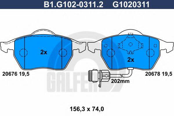 Комплект тормозных колодок, дисковый тормоз B1.G102-0311.2 GALFER