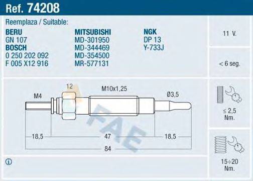 Свеча накаливания 74208 FAE