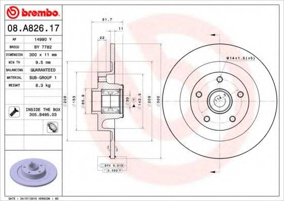 Тормозной диск 08.A826.17 BREMBO