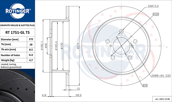 Диск тормозной графитовый (кратно 2) SUBARU LEGACY IV [274X66] (1751-GL/T5)