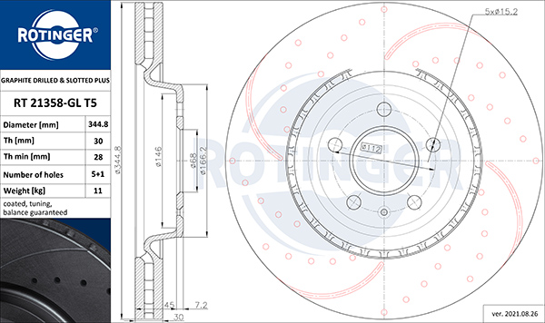 Диск тормозной с перфорацией и слотированием с графитовым покрытием RT 21358-GL T5 ROTINGER